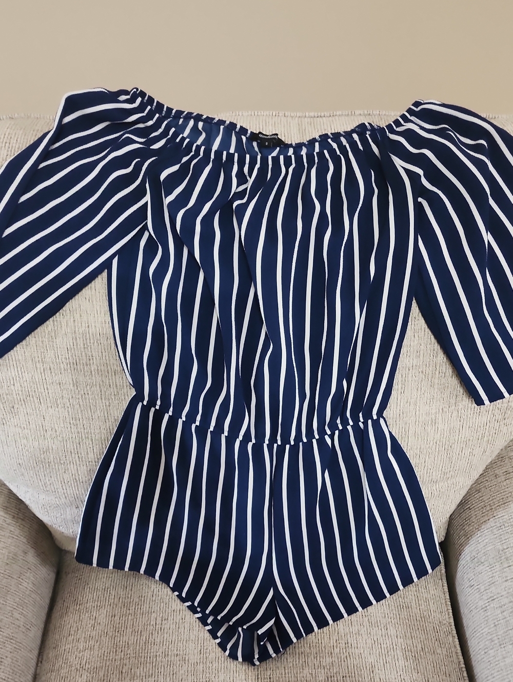 American Eagle Outfitters Navy and White Striped Off-Shoulder Romper